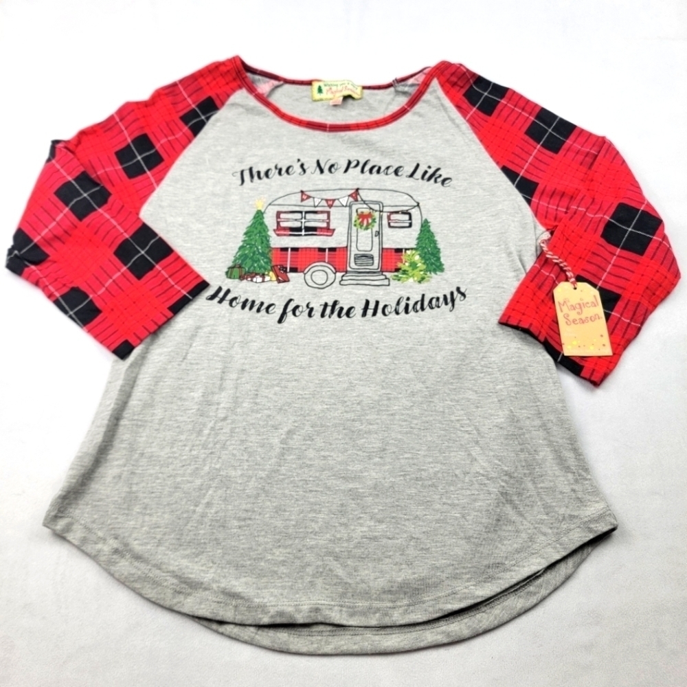 NWT Magical Season plaid RV  tree baseball tee Christmas shirt